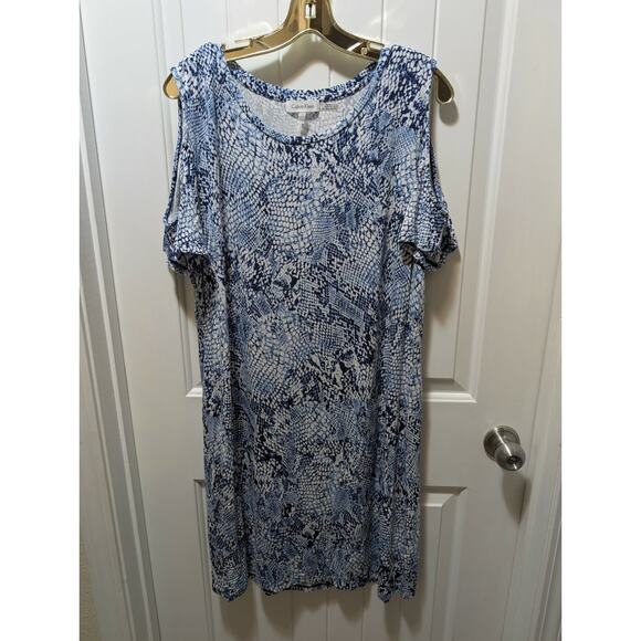 Calvin Klein Black Blue Animal Print Dress Cut Out Sleeves Spring Summer Sz. L - Picture 1 of 9